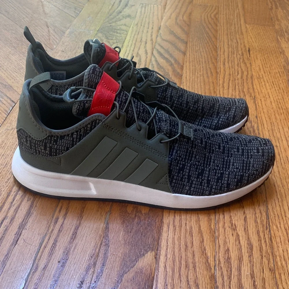adidas Men's Olive Green Knit Sneakers with Red Tongue Tab
